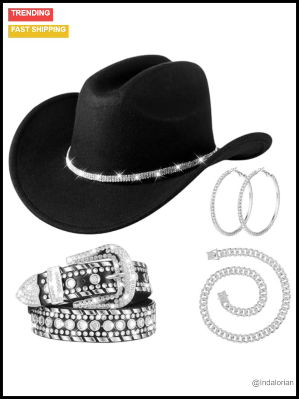 Rhinestone Cowboy Hat Belt Chain Earring Set Western Party Outfit